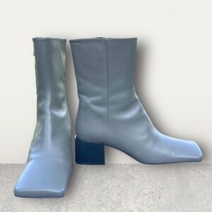 ZARA women’s leather booties boots square toe, mid heel green Sz 39